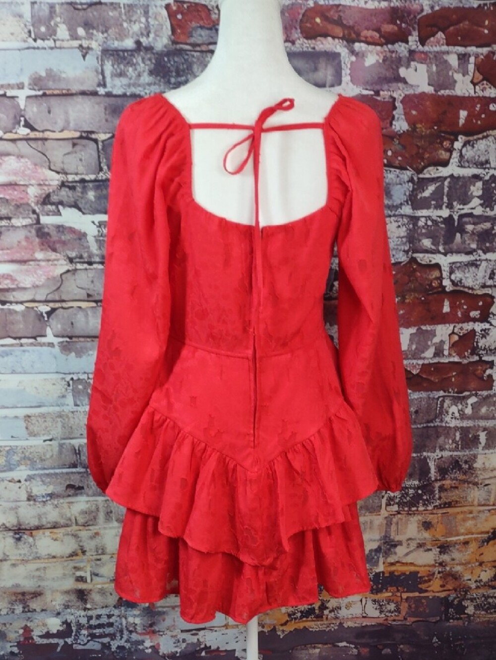 Francesca's Collections Red Long-Sleeve Ruffle Mini Dress - Picture 3 of 12